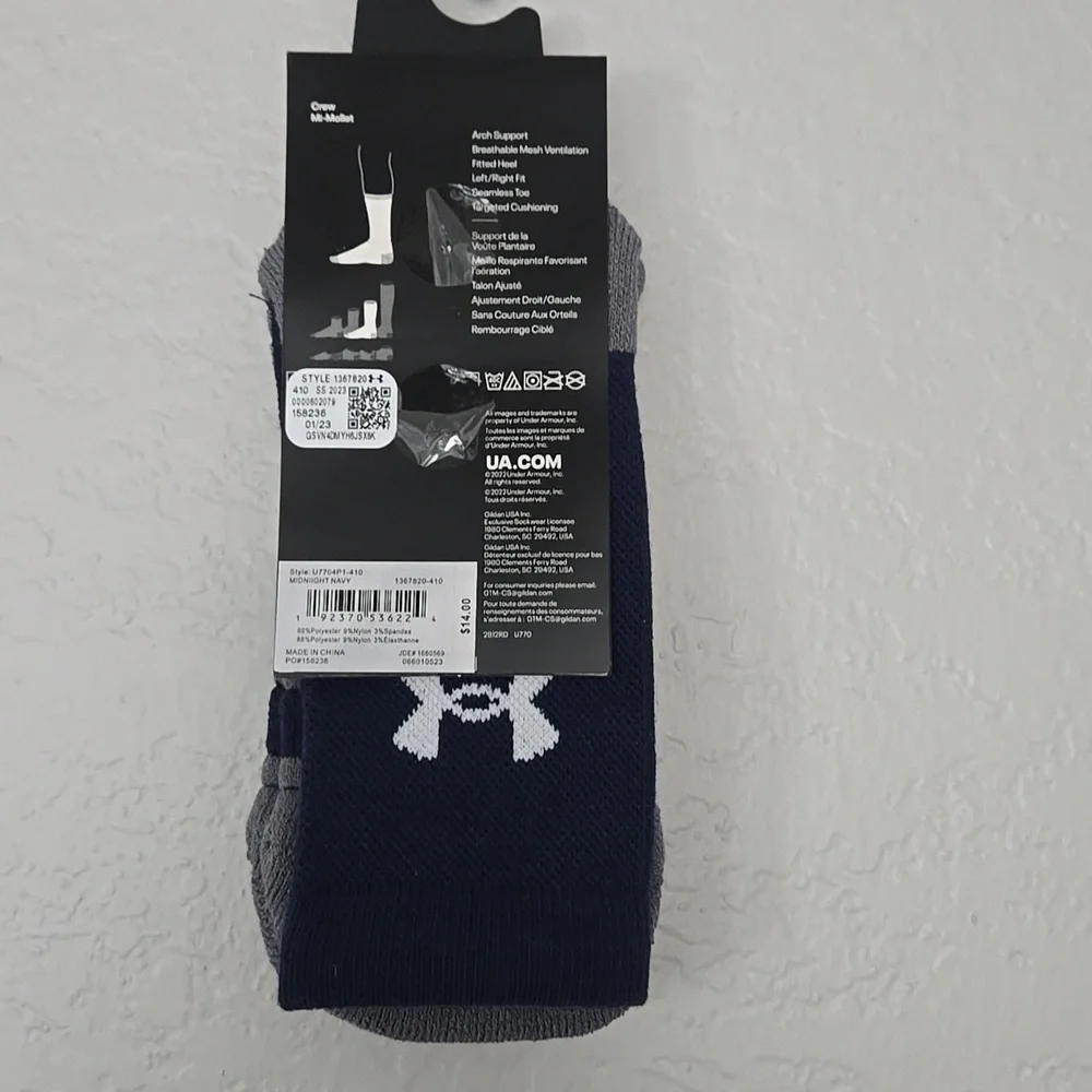 Under Armour UA Team Cushioned Crew Socks - Navy/Gray Men 7-8.5 Women 6-10